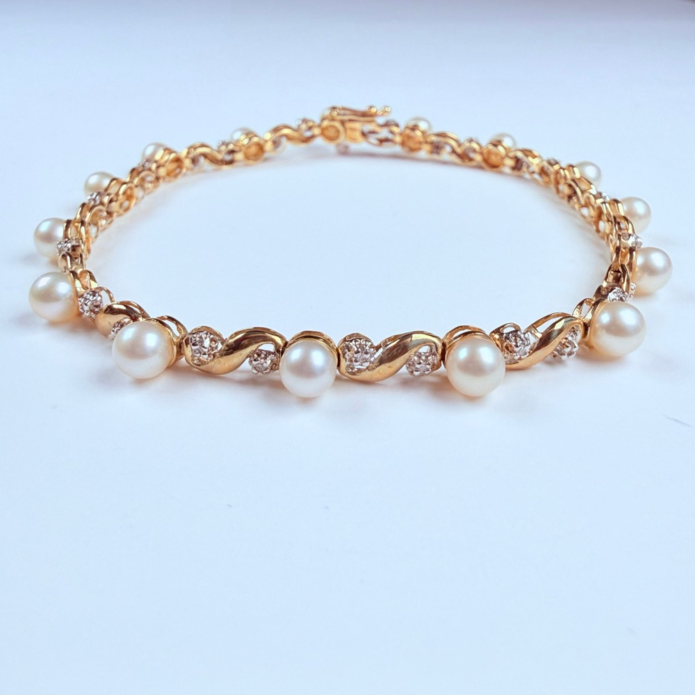 10K Solid Two Tone Gold Genuine Diamond & 4.5MM Pearl Vintage Tennis Bracelet